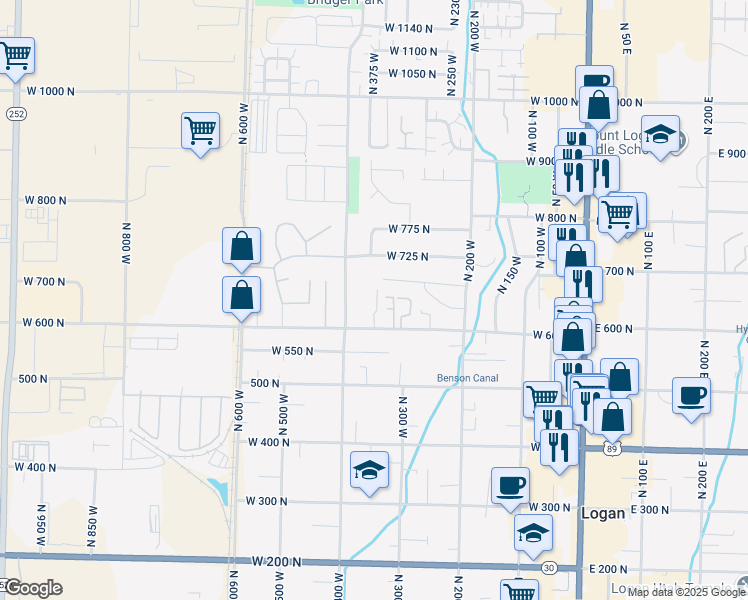 map of restaurants, bars, coffee shops, grocery stores, and more near 611 North 315 West in Logan