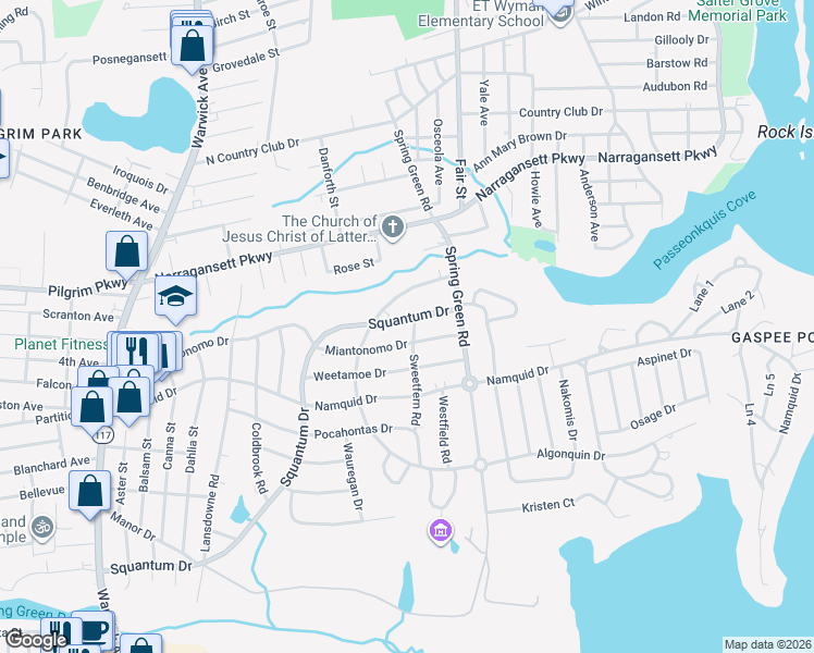map of restaurants, bars, coffee shops, grocery stores, and more near 20 Sweetfern Road in Warwick