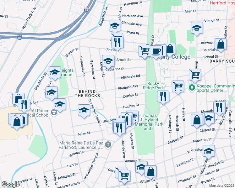 map of restaurants, bars, coffee shops, grocery stores, and more near 72 Curtiss Street in Hartford