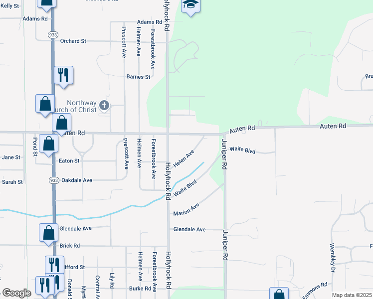 map of restaurants, bars, coffee shops, grocery stores, and more near 19101-19299 Helen Ave in South Bend