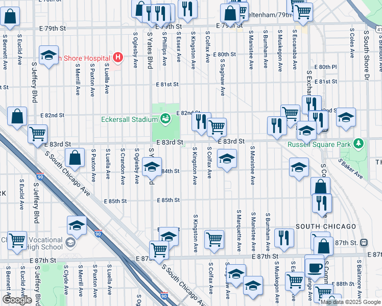 map of restaurants, bars, coffee shops, grocery stores, and more near 8336 South Kingston Avenue in Chicago