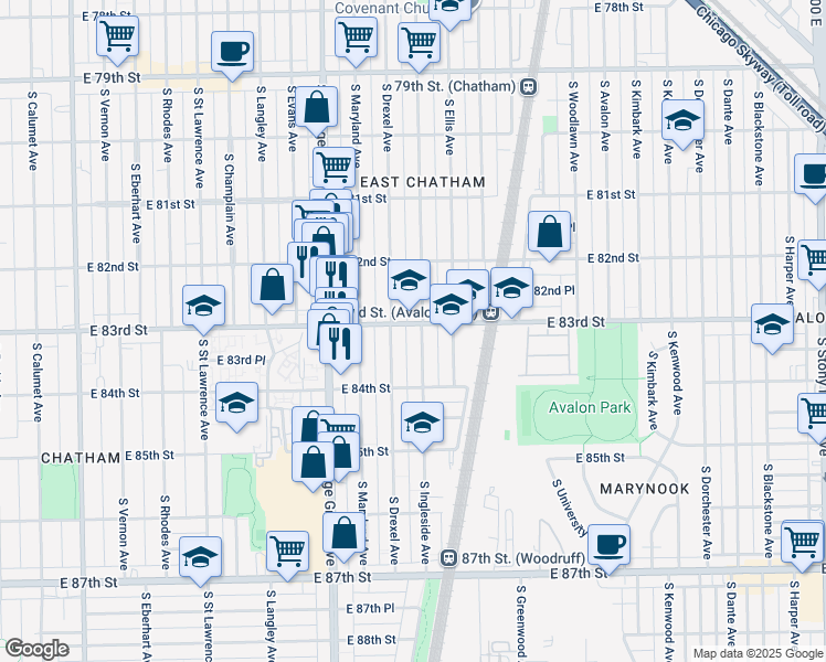 map of restaurants, bars, coffee shops, grocery stores, and more near 8312 South Ingleside Avenue in Chicago