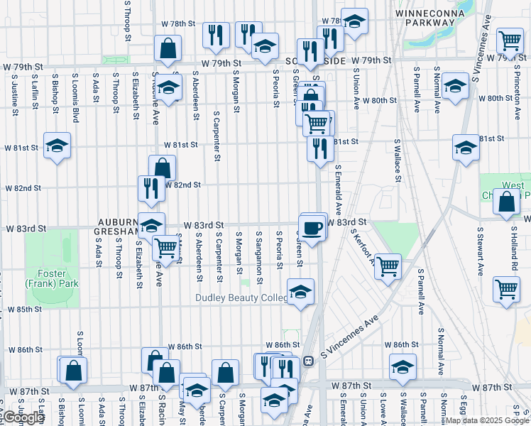 map of restaurants, bars, coffee shops, grocery stores, and more near 8258 South Peoria Street in Chicago