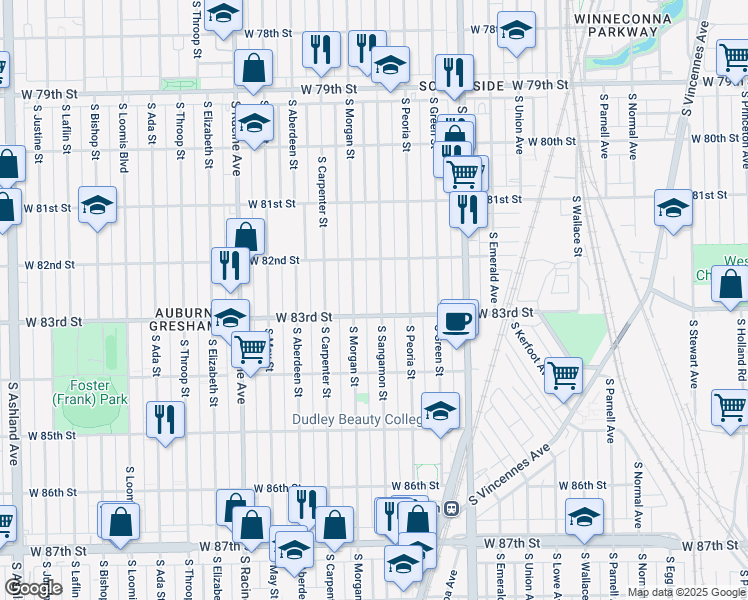 map of restaurants, bars, coffee shops, grocery stores, and more near 8254 South Sangamon Street in Chicago