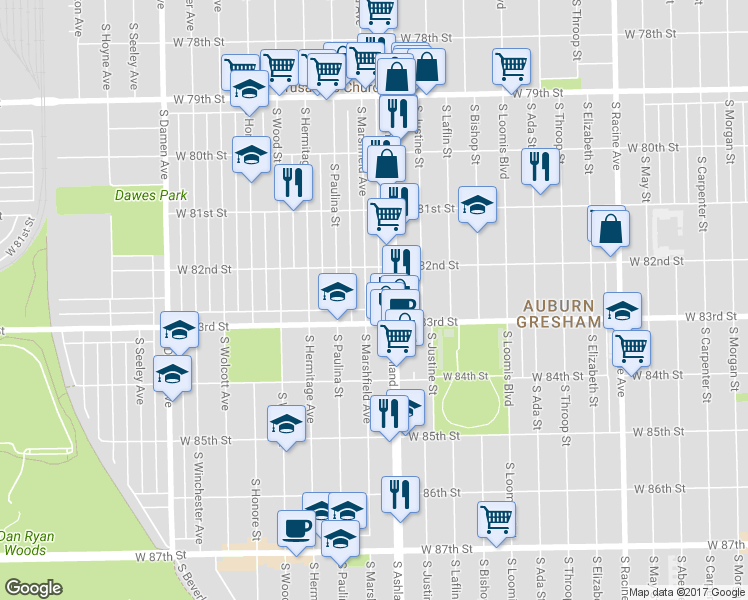 map of restaurants, bars, coffee shops, grocery stores, and more near 8248 South Marshfield Avenue in Chicago