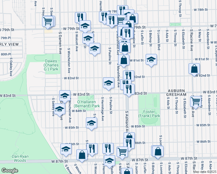 map of restaurants, bars, coffee shops, grocery stores, and more near 8244 South Paulina Street in Chicago