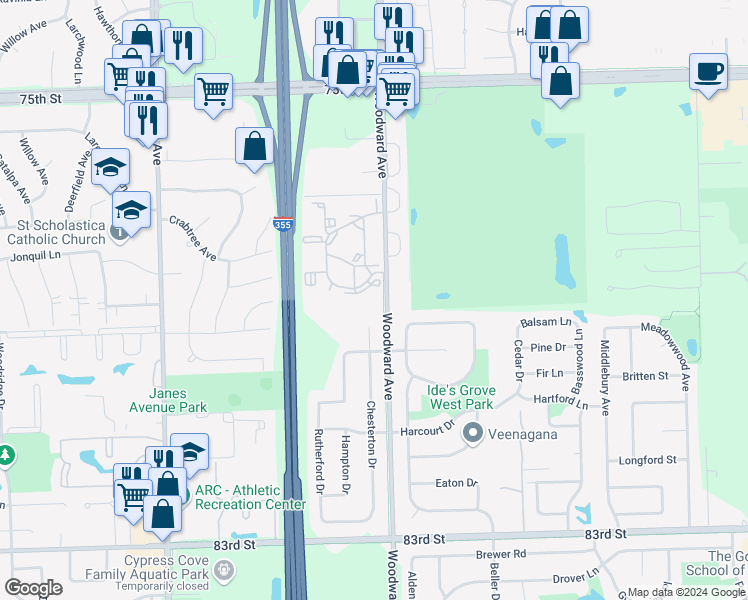 map of restaurants, bars, coffee shops, grocery stores, and more near 7902 Chesterton Court in Woodridge