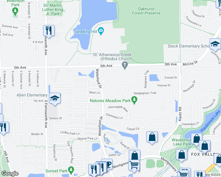 map of restaurants, bars, coffee shops, grocery stores, and more near 1807 Westridge Place in Aurora