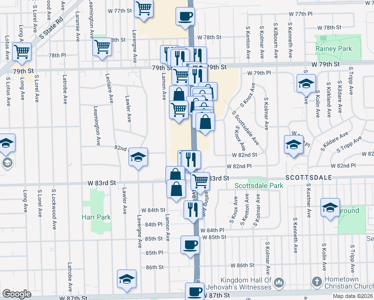 map of restaurants, bars, coffee shops, grocery stores, and more near 4819 West 82nd Street in Burbank