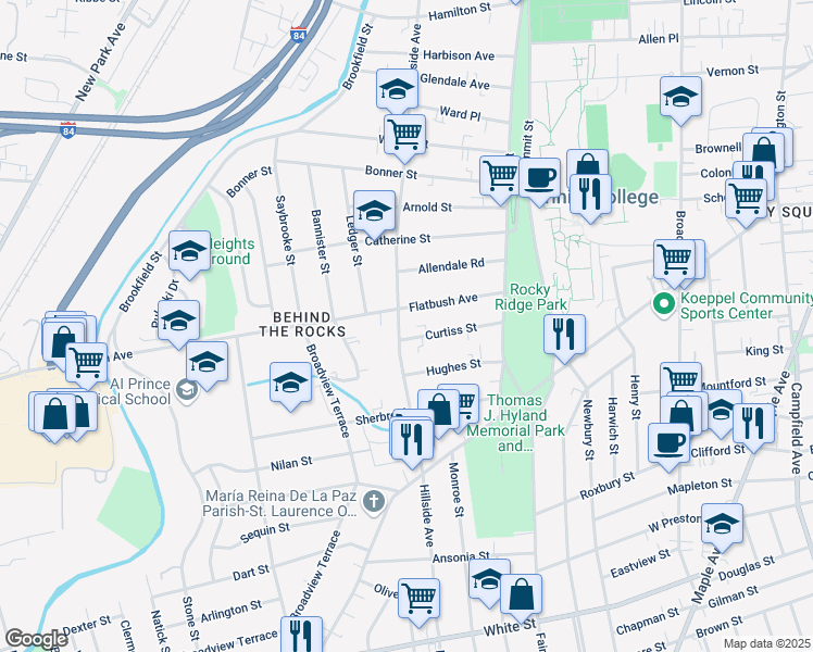 map of restaurants, bars, coffee shops, grocery stores, and more near 72 Curtiss Street in Hartford