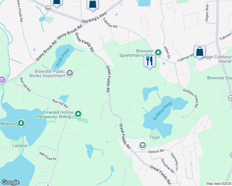map of restaurants, bars, coffee shops, grocery stores, and more near 293 Great Fields Road in Brewster