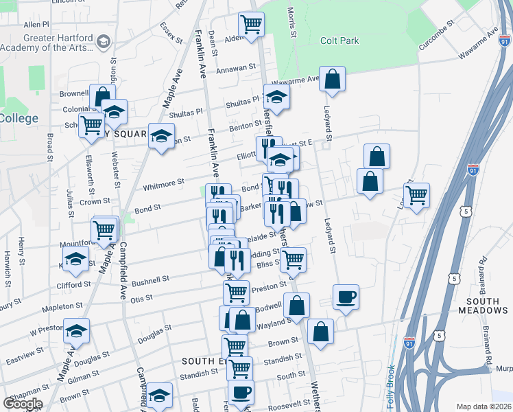 map of restaurants, bars, coffee shops, grocery stores, and more near 45 Barker Street in Hartford