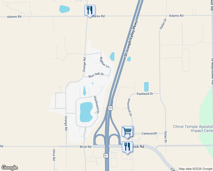 map of restaurants, bars, coffee shops, grocery stores, and more near Leeway Dr in South Bend