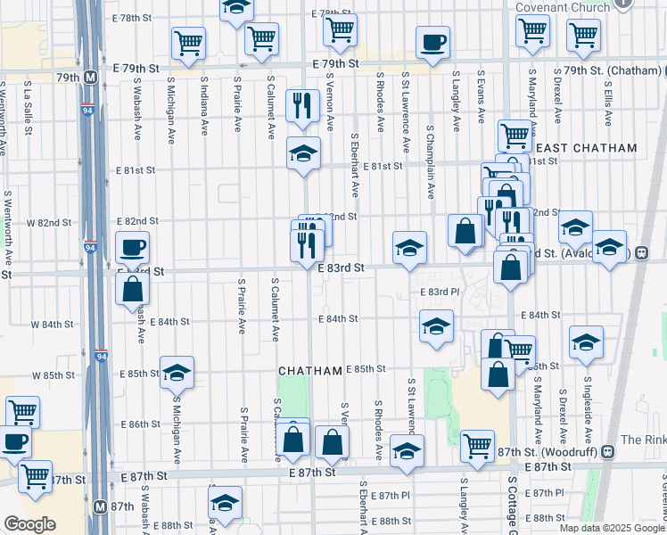 map of restaurants, bars, coffee shops, grocery stores, and more near 419 East 83rd Street in Chicago