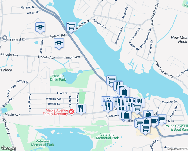 map of restaurants, bars, coffee shops, grocery stores, and more near 360 County Road in Barrington