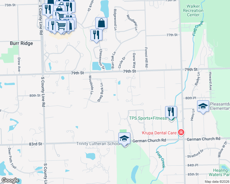 map of restaurants, bars, coffee shops, grocery stores, and more near 11629 White Oak Court in Burr Ridge