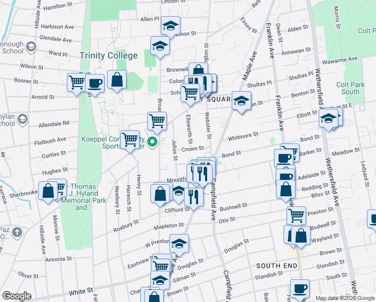 map of restaurants, bars, coffee shops, grocery stores, and more near 66 Julius Street in Hartford
