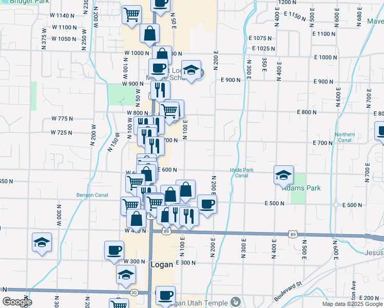 map of restaurants, bars, coffee shops, grocery stores, and more near 145 East 600 North in Logan