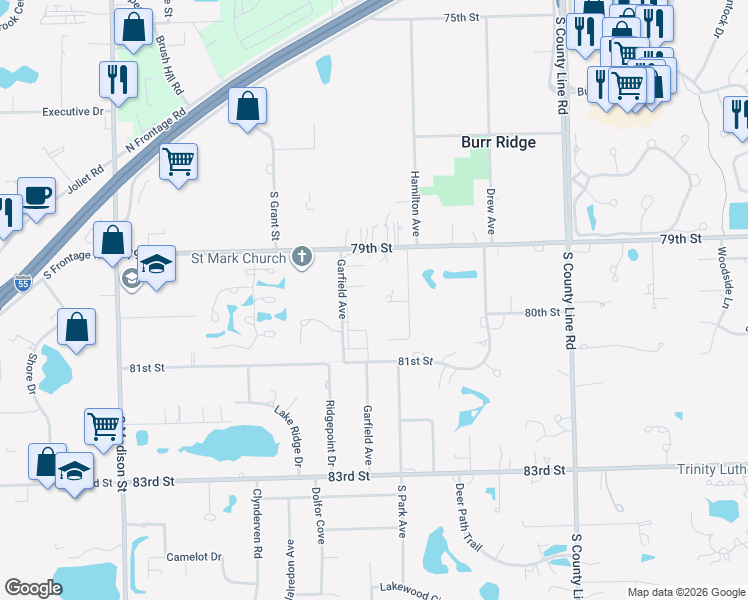 map of restaurants, bars, coffee shops, grocery stores, and more near 371 Highland Court in Willowbrook