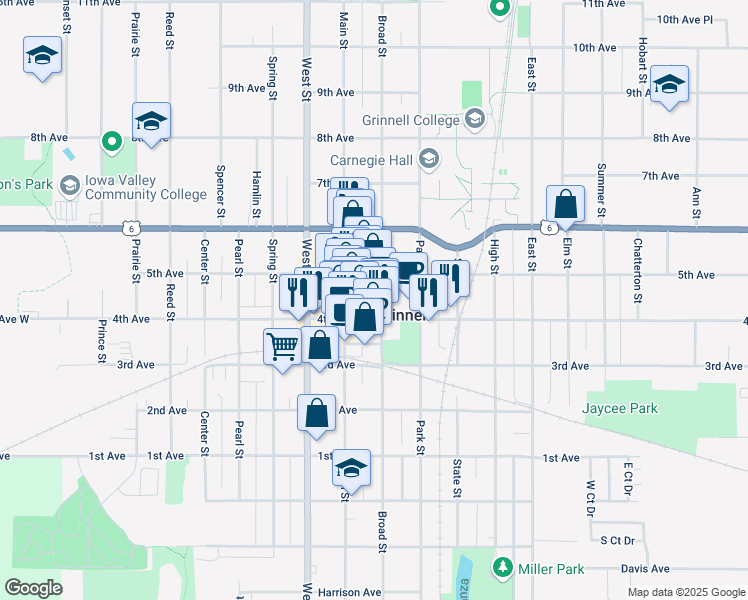 map of restaurants, bars, coffee shops, grocery stores, and more near 833 4th Avenue in Grinnell