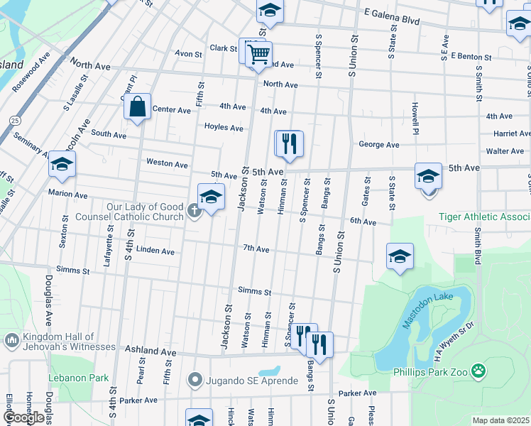 map of restaurants, bars, coffee shops, grocery stores, and more near 613 Hinman Street in Aurora