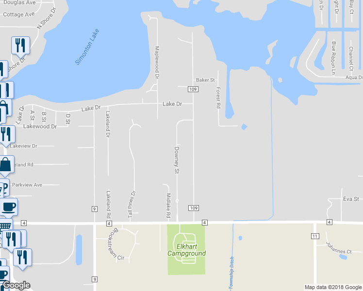 map of restaurants, bars, coffee shops, grocery stores, and more near 51638 Downey Street in Elkhart