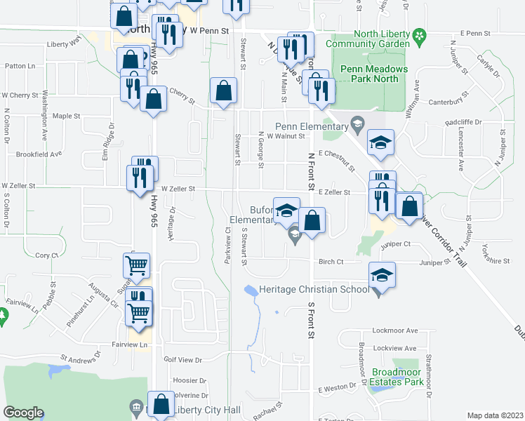 map of restaurants, bars, coffee shops, grocery stores, and more near Autumn Court in North Liberty