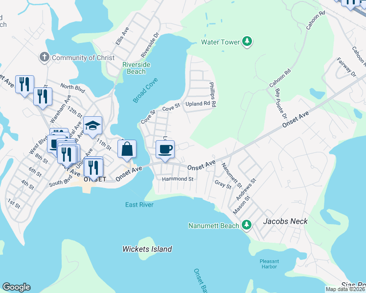 map of restaurants, bars, coffee shops, grocery stores, and more near 13 Carleton Street in Wareham