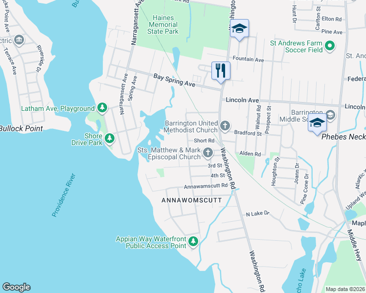 map of restaurants, bars, coffee shops, grocery stores, and more near 71 Alfred Drowne Road in Barrington