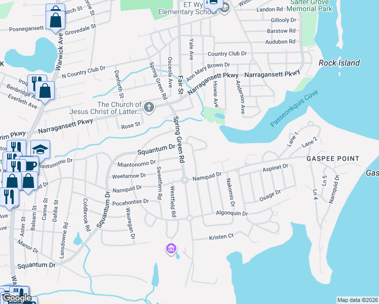 map of restaurants, bars, coffee shops, grocery stores, and more near 60 Merry Mount Drive in Warwick