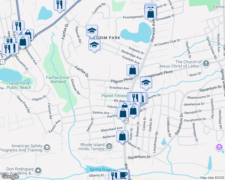 map of restaurants, bars, coffee shops, grocery stores, and more near 81 Toledo Avenue in Warwick