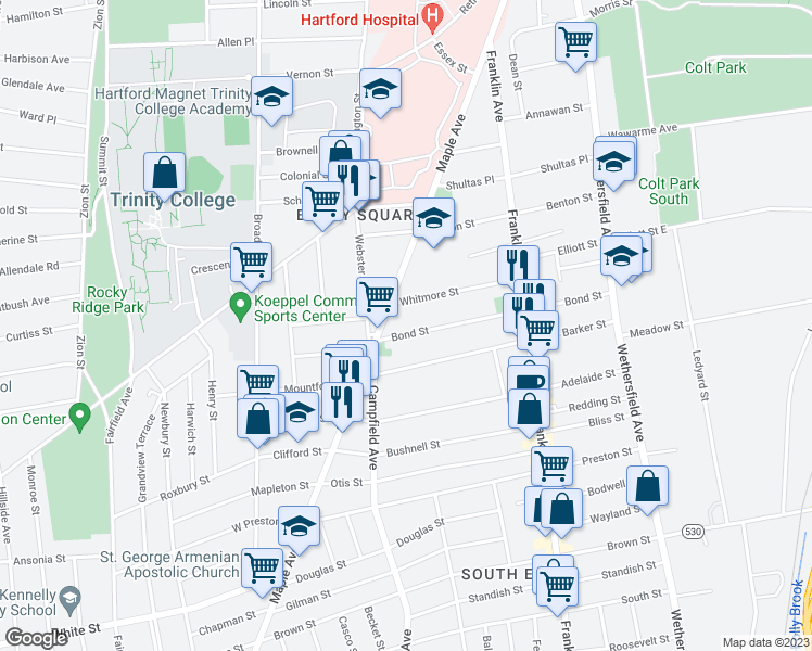 map of restaurants, bars, coffee shops, grocery stores, and more near 171 Bond Street in Hartford