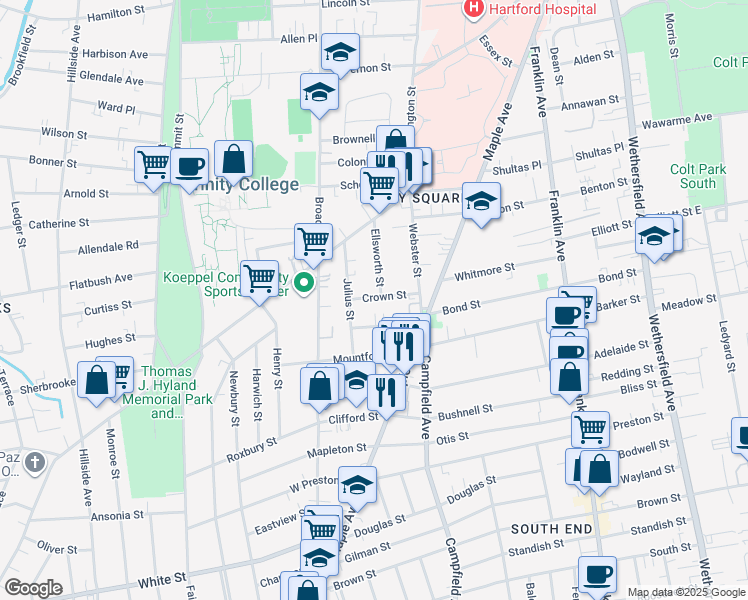 map of restaurants, bars, coffee shops, grocery stores, and more near 66 Julius Street in Hartford