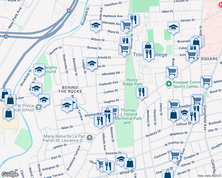 map of restaurants, bars, coffee shops, grocery stores, and more near 37 Curtiss Street in Hartford