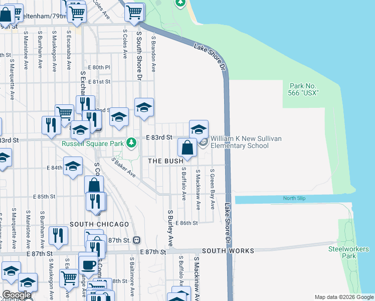 map of restaurants, bars, coffee shops, grocery stores, and more near 8342 South Buffalo Avenue in Chicago