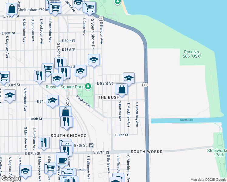 map of restaurants, bars, coffee shops, grocery stores, and more near 8342 South Buffalo Avenue in Chicago