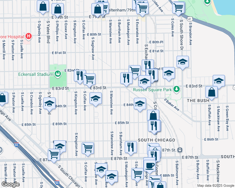 map of restaurants, bars, coffee shops, grocery stores, and more near 8334 South Burnham Avenue in Chicago