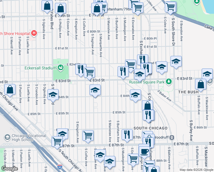 map of restaurants, bars, coffee shops, grocery stores, and more near 8336 South Manistee Avenue in Chicago