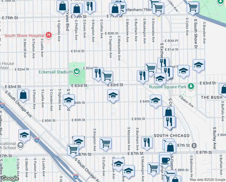 map of restaurants, bars, coffee shops, grocery stores, and more near 8335 South Saginaw Avenue in Chicago