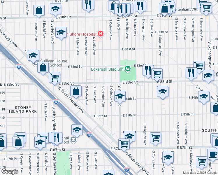 map of restaurants, bars, coffee shops, grocery stores, and more near 8331 South Oglesby Avenue in Chicago