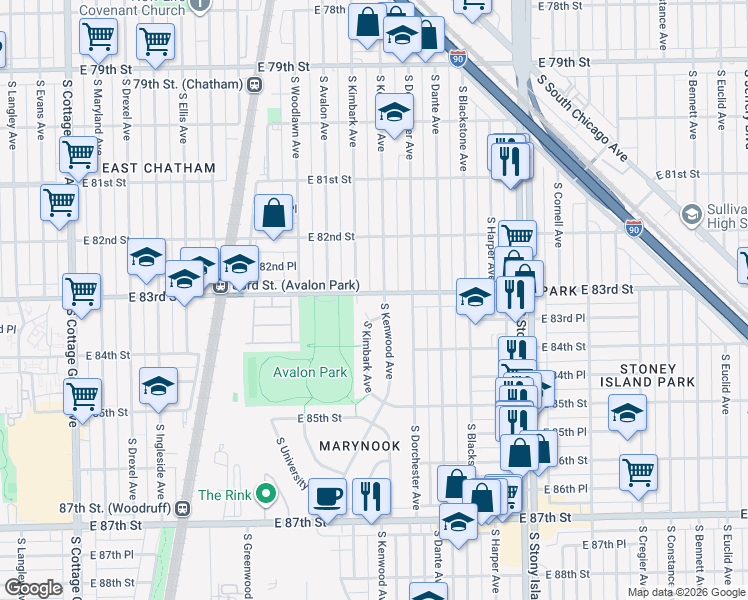 map of restaurants, bars, coffee shops, grocery stores, and more near 8340 South Kimbark Avenue in Chicago