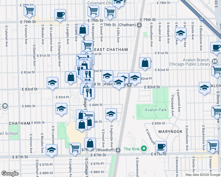 map of restaurants, bars, coffee shops, grocery stores, and more near 8312 South Ingleside Avenue in Chicago