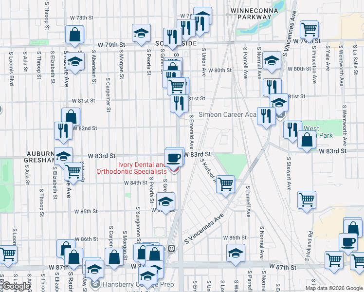 map of restaurants, bars, coffee shops, grocery stores, and more near 8255 South Halsted Street in Chicago