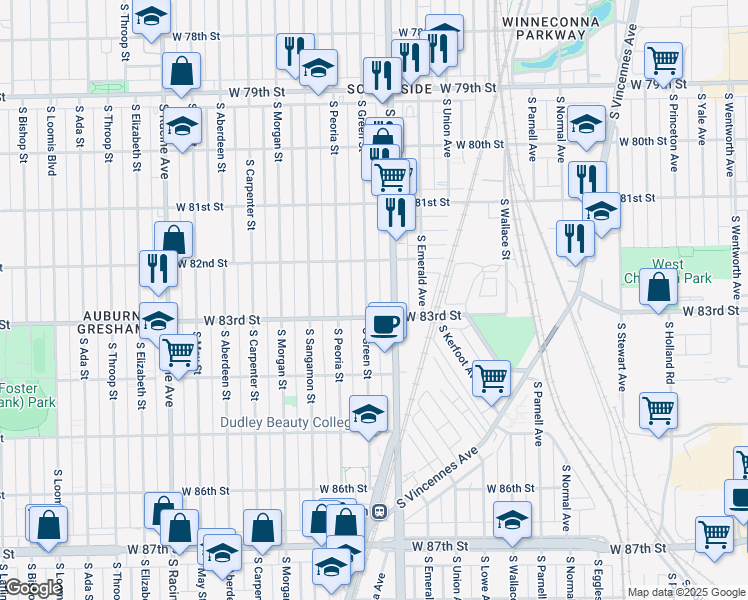 map of restaurants, bars, coffee shops, grocery stores, and more near 8259 South Green Street in Chicago