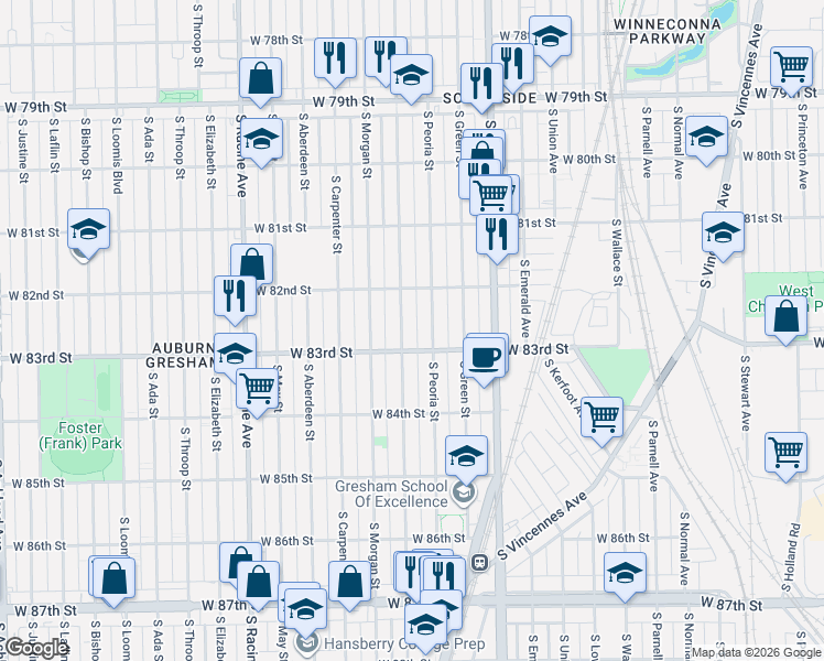 map of restaurants, bars, coffee shops, grocery stores, and more near 8258 South Peoria Street in Chicago