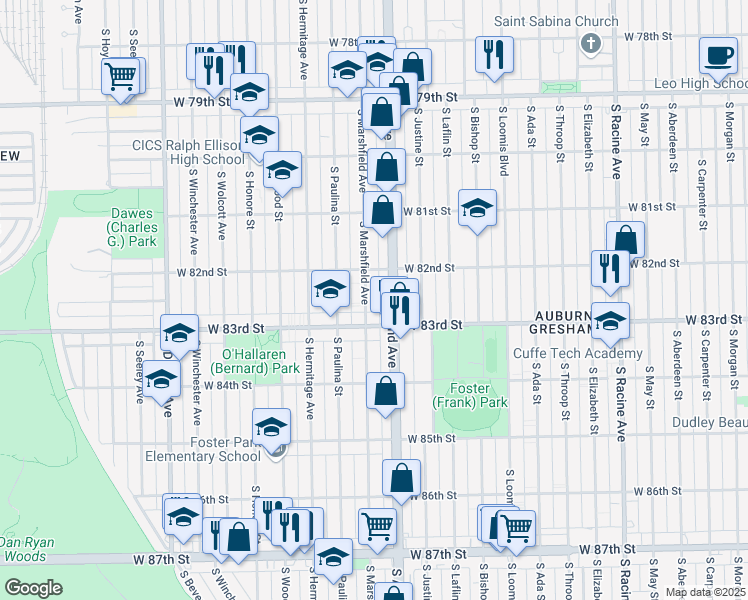 map of restaurants, bars, coffee shops, grocery stores, and more near 8248 South Marshfield Avenue in Chicago