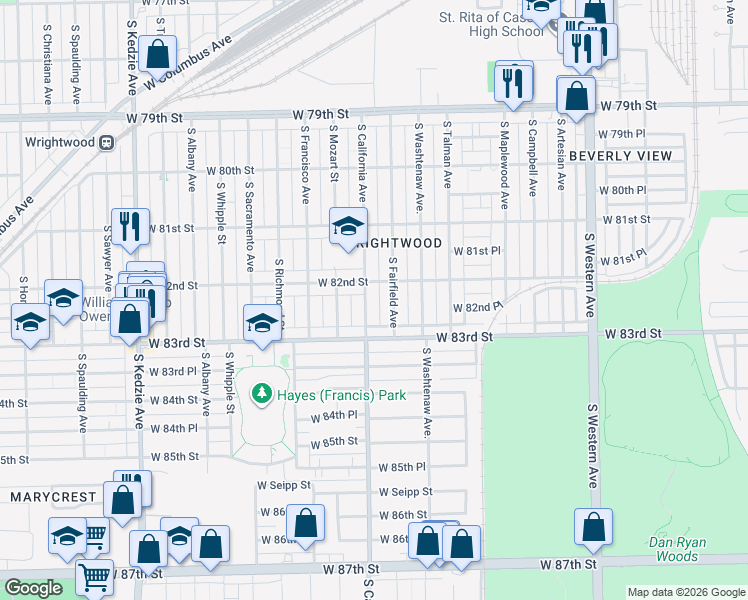 map of restaurants, bars, coffee shops, grocery stores, and more near 8232 South Fairfield Avenue in Chicago