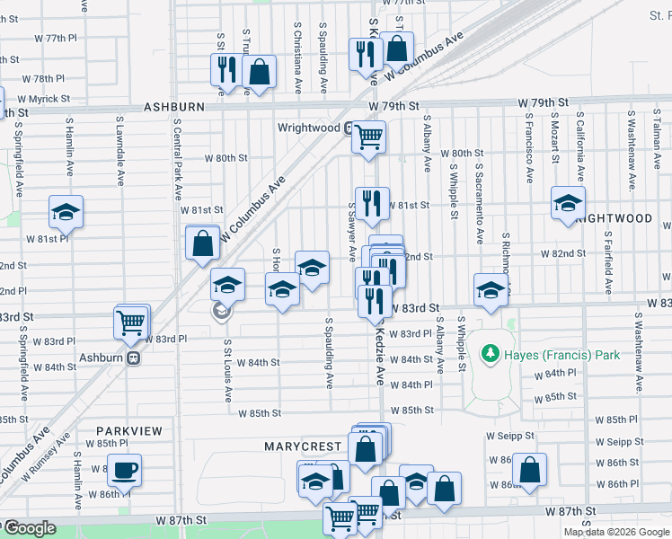 map of restaurants, bars, coffee shops, grocery stores, and more near 8215 South Christiana Avenue in Chicago