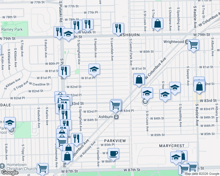 map of restaurants, bars, coffee shops, grocery stores, and more near 3728 West 82nd Place in Chicago