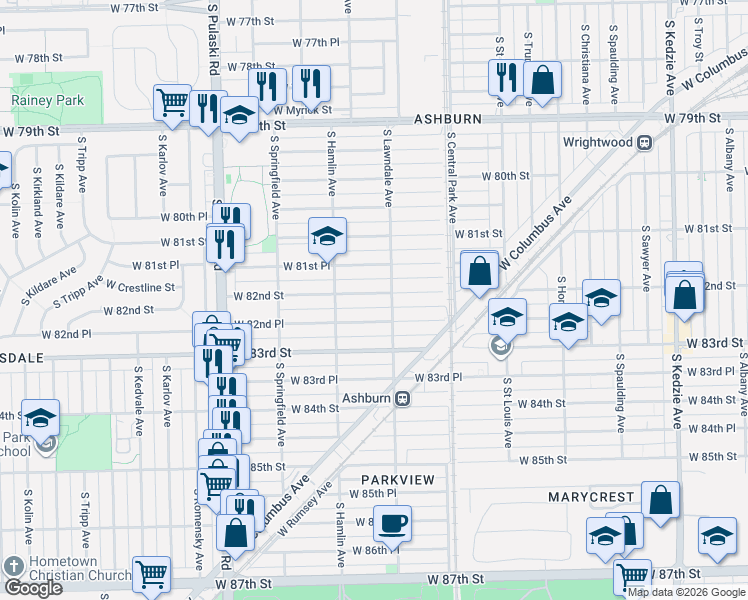 map of restaurants, bars, coffee shops, grocery stores, and more near 3728 West 82nd Place in Chicago